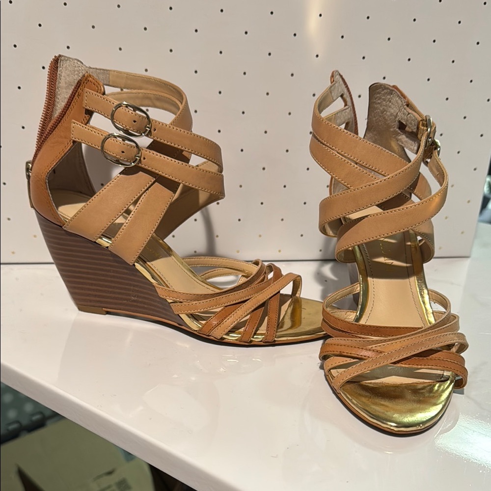 Enzo Angiolini Tan and Gold Wedge Sandals